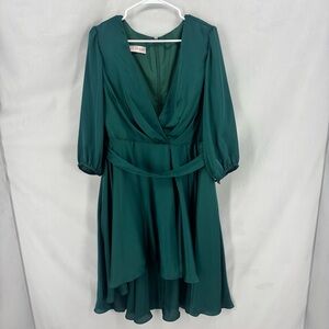 JJs House Dark Green Chiffon Wrap Style Dress Long Sleeve Flowy Skirt Size 14